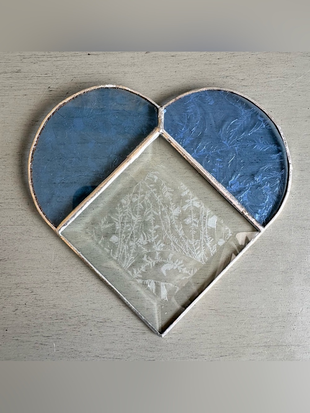 VTG Heart Stained Glass Suncatcher Art Handcrafted Hanging Home Decor Blue White